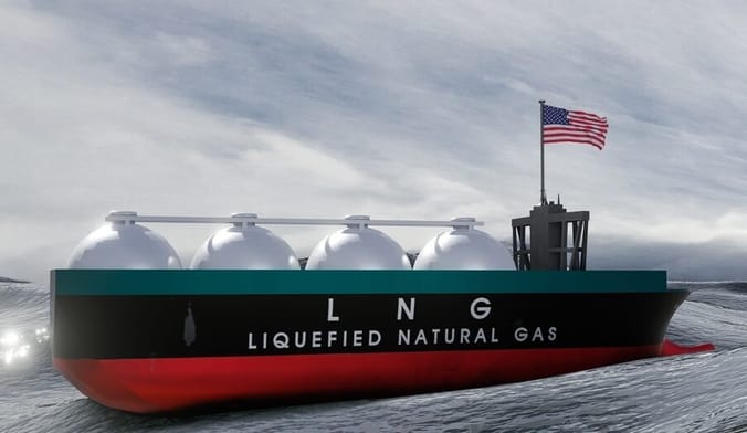 An illustration of an LNG tanker flying a US flag
