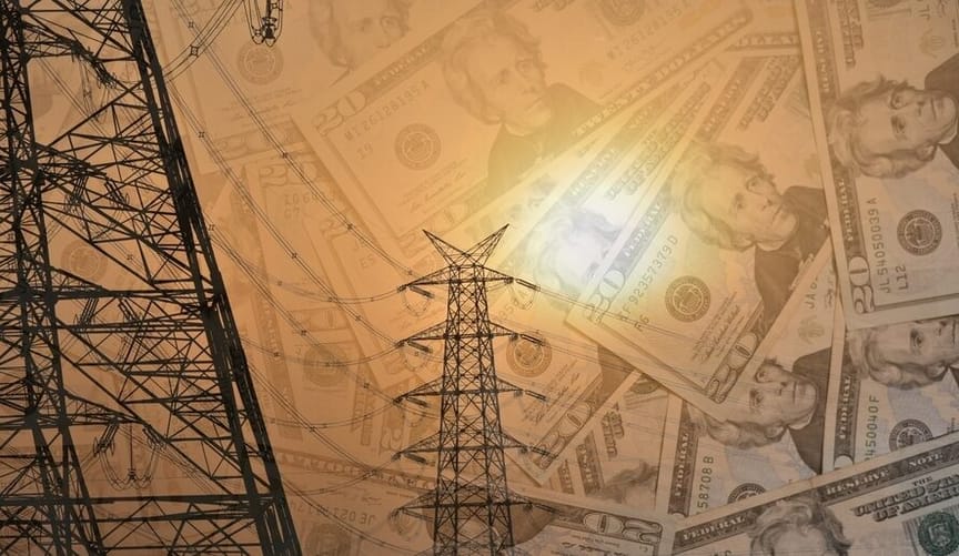 A graphic of US 20 dollar bills overlaid with electric transmission pylons