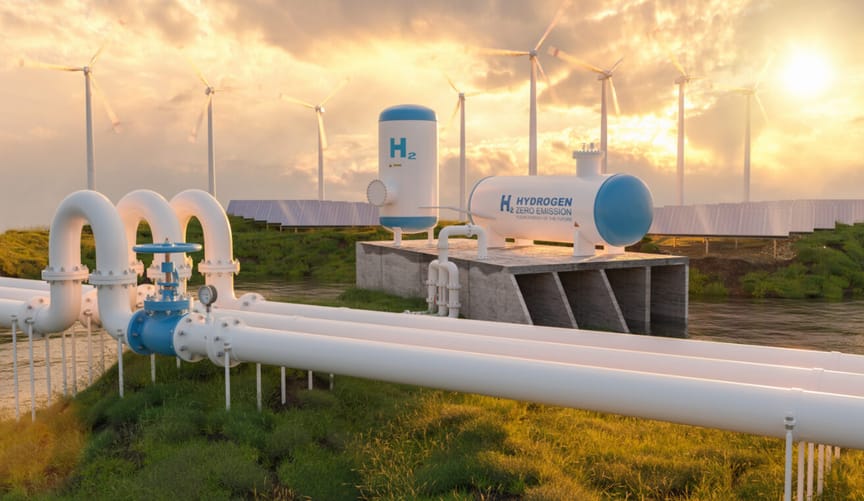 An artist's rendering showing a future green hydrogen plant with pipelines in the foreground and wind turbines at back