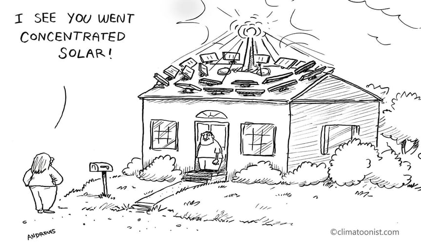 A woman shouts to a neighbor with a solar plant on his rooftop: I see you went concentrated solar!
