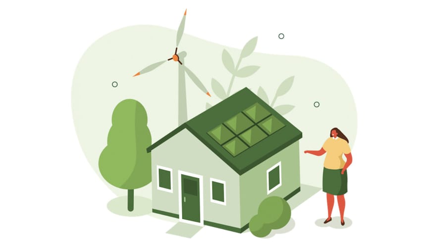 Cartoon graphic showing woman of color outside home with solar panels and wind turbine, tree and bushes.