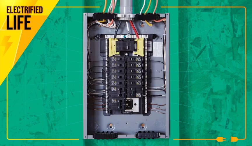 inside a 100-amp electrical panel. A graphic overlay says "Electrified Life."