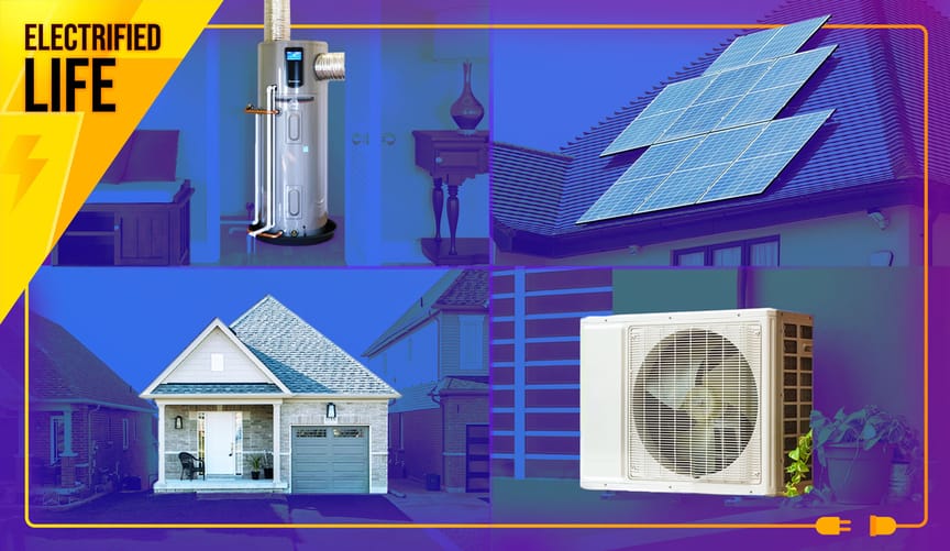 collage of heat-pump water heater, solar, heat pump heater/AC, and single-family home.