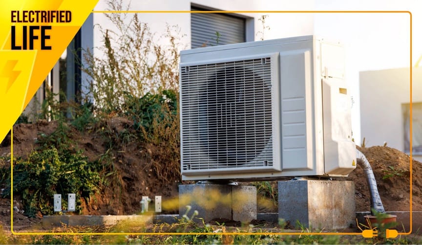 Heat pump on concrete blocks outside a home in the sun.