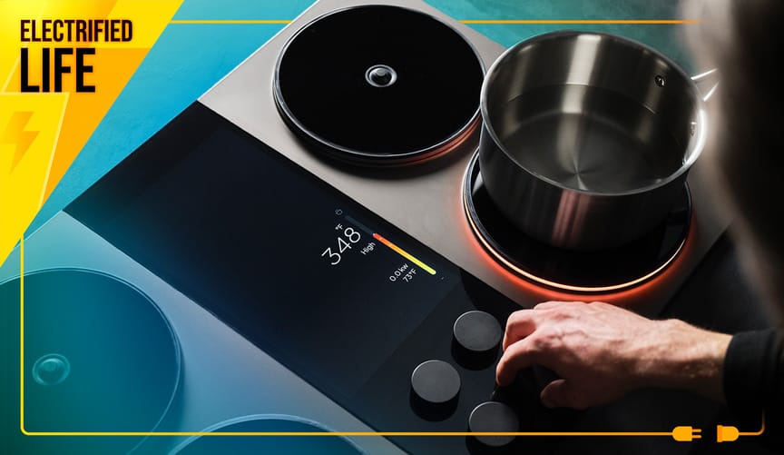 induction cooktop that resembles turn table and Electrified Life logo