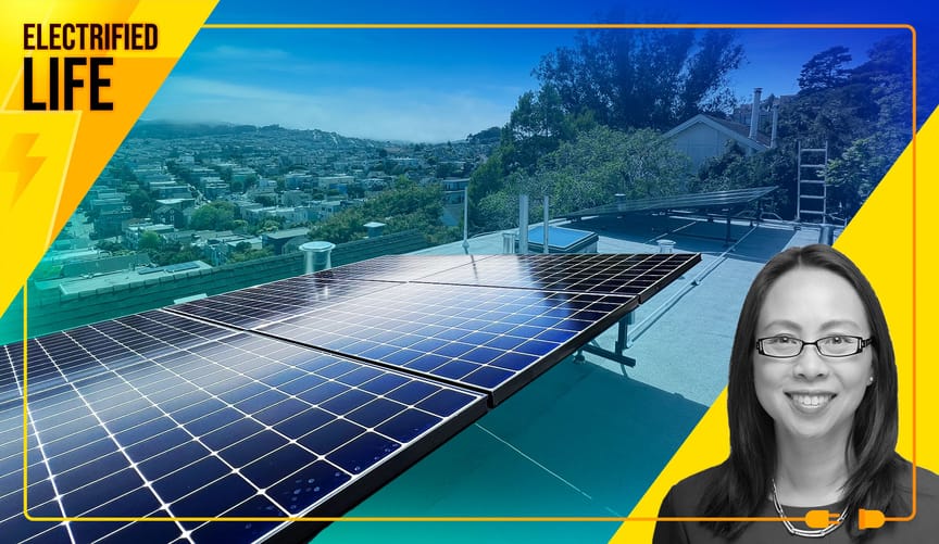 Collage of solar panels on a roof, cityscape and skyline color-treated green and blue, with a photo of a woman with glasses.