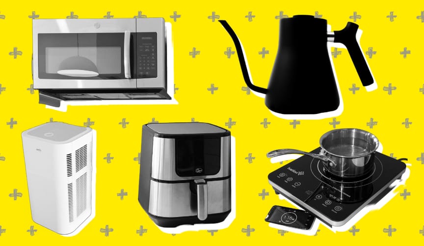 A yellow graphic with pictures of a microwave, a kettle, an air purifier, an air fryer and an induction cookplate