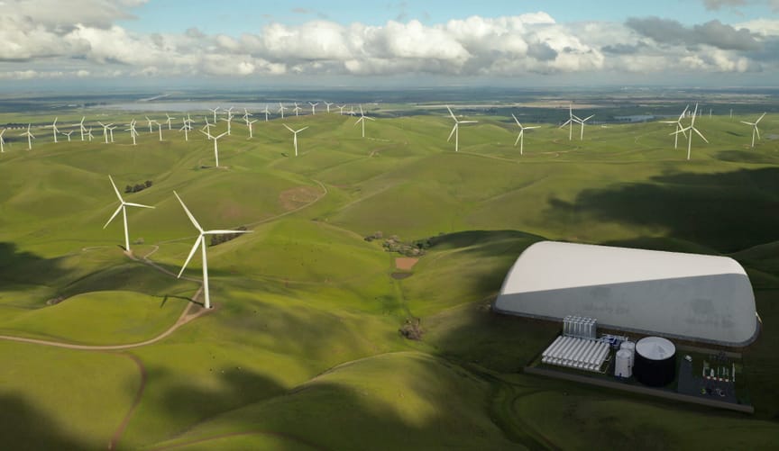 An artist's rendering of a verdant hilly valley with many wind turbines and a squat white half-cylinder industrial building