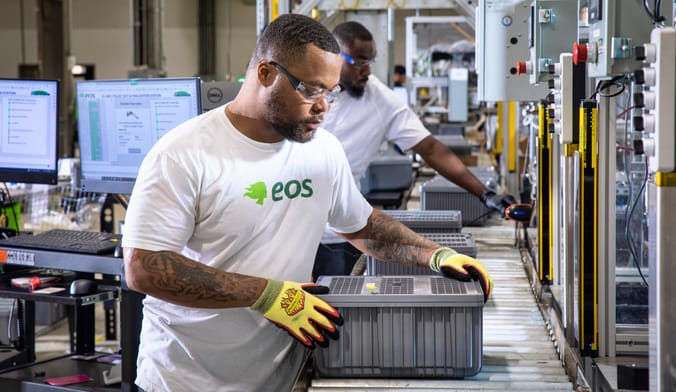 Worker on line at Eos Energy Storage battery factory near Pittsburgh, Pennsylvania