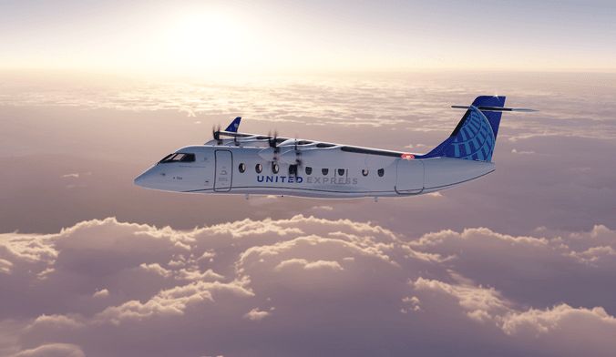 an illustration of a small electric aircraft flying about the clouds