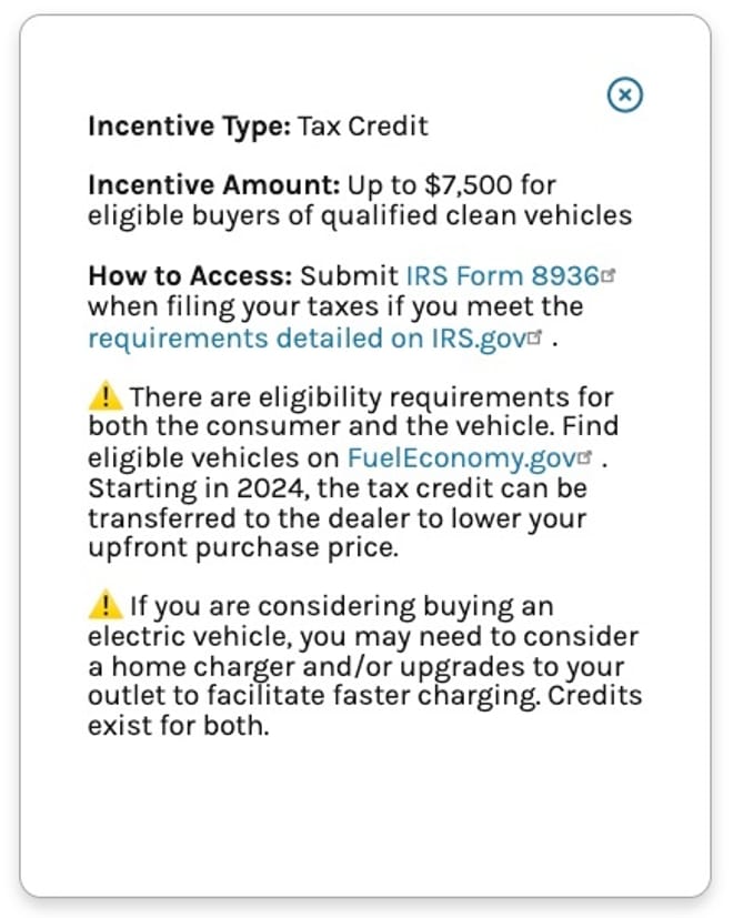 A card of text describing a $7,500 tax credit for eligible vehicles on FuelEconomy.gov