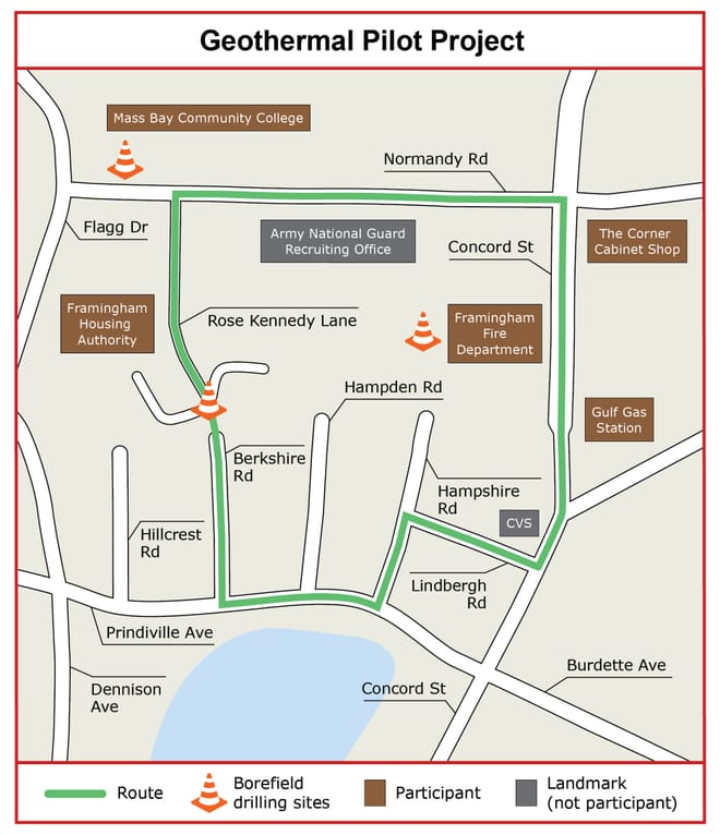 A map of the neighborhood served by the thermal energy network built by utility Eversource in Framingham, Massachusetts