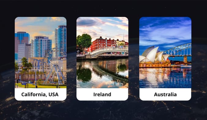 three photographs of California, Ireland and Australia