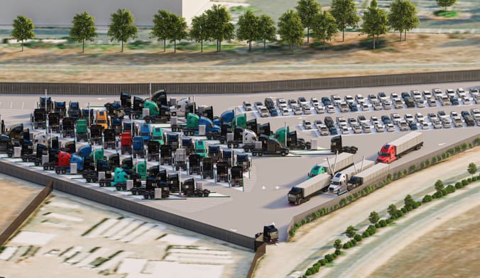An artist’s rendering of Forum Mobility’s 96-truck charging depot being built in Livermore, California