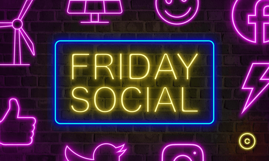 An illustration showing the words Friday Social in neon surrounded by social media avatars and emojis
