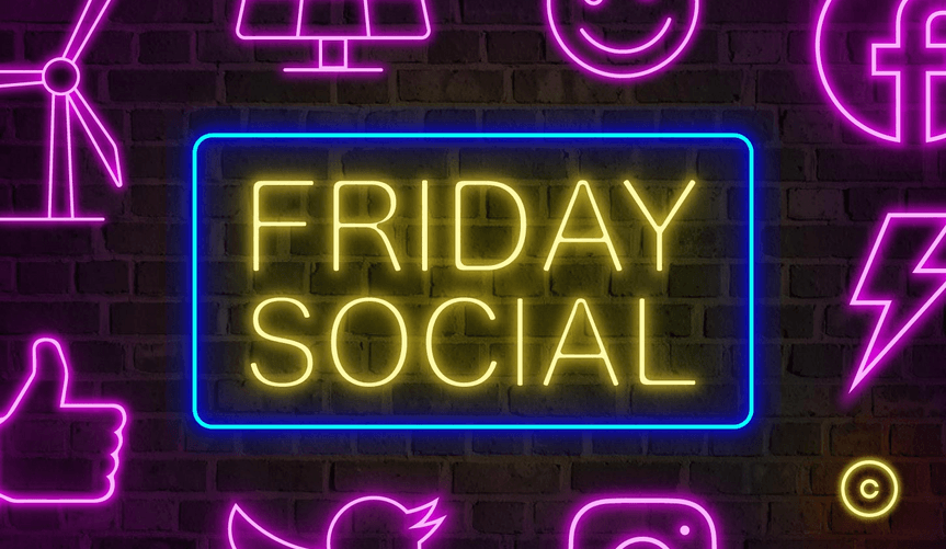 An illustration showing the words Friday Social in neon surrounded by social media avatars and emojis