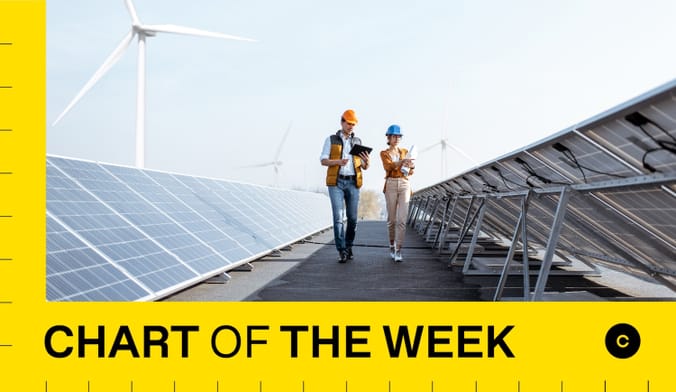 A female employee and a male employee walk down a row of a solar panel array