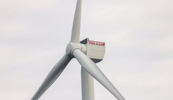 Photo of an operational wind turbine at the South Fork Wind Farm in the Atlantic Ocean