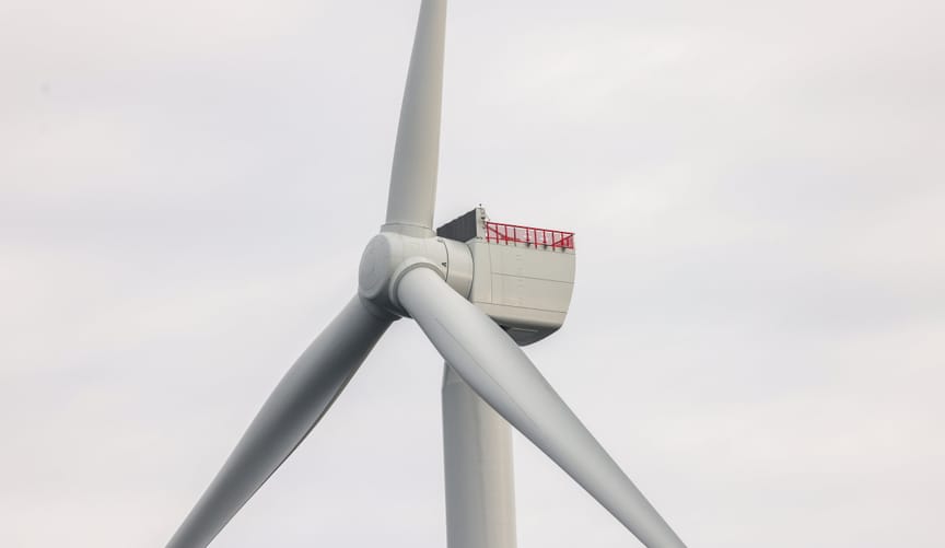Photo of an operational wind turbine at the South Fork Wind Farm in the Atlantic Ocean