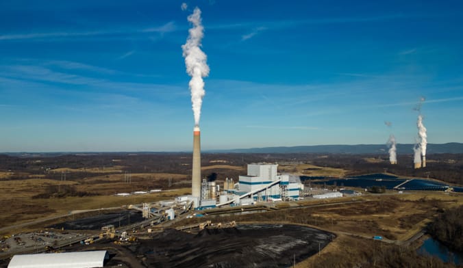 Longview Power station left and The Fort Martin Power Station are seen from Maidsville, West Virginia