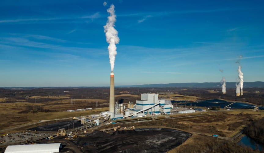 Longview Power station left and The Fort Martin Power Station are seen from Maidsville, West Virginia