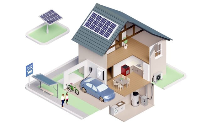 A graphic of a home with solar panels, an EV, EV charging, an air-source heat pump, a heat-pump water heater, and more.
