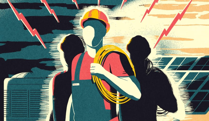 A stylized illustration of an electrician wearing work clothing and gear