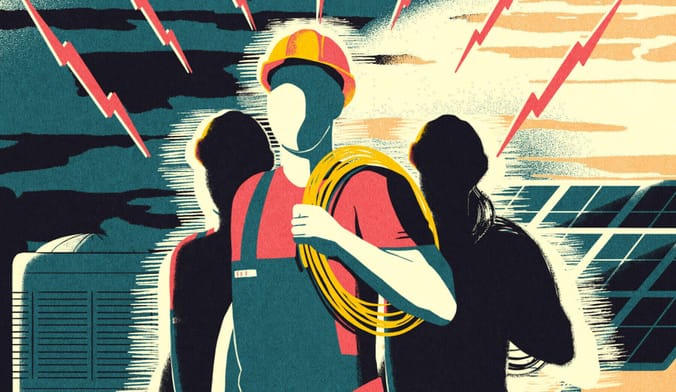 A stylized illustration of an electrician wearing work clothing and gear