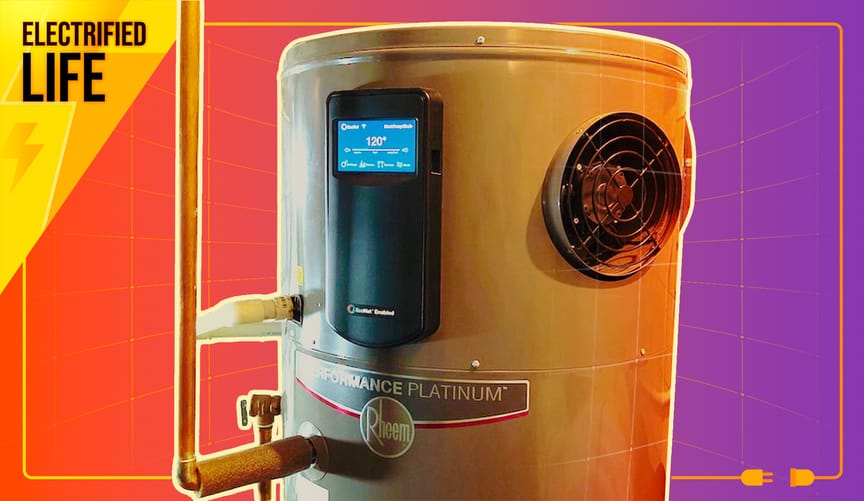 cutout of top half of a heat-pump water heater, a metal cylinder, against colored background with words 'Electrified Life'