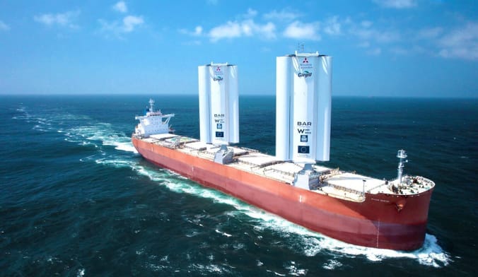 A red cargo ship with two white rectangular metal sails travels across the open ocean