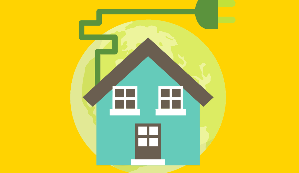 a stylized graphic showing a blue house connected to a green electrical plug against a green and yellow background