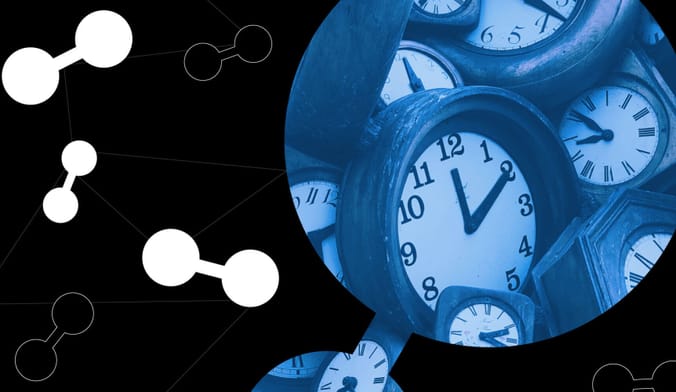 A graphic showing illustrations of hydrogen molecules. Inside one of the molecules is a blue-tinted photo of clocks.