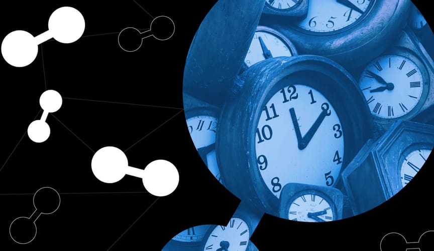 A graphic showing illustrations of hydrogen molecules. Inside one of the molecules is a blue-tinted photo of clocks.