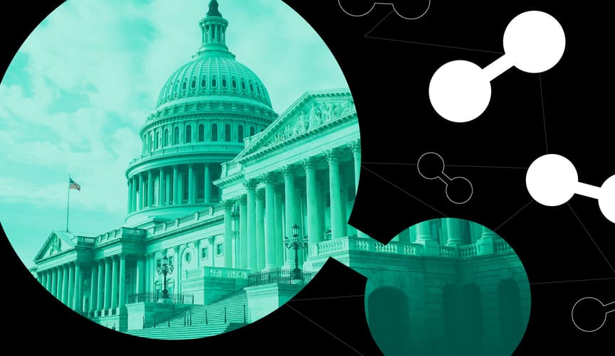 A graphic with several hydrogen molecules. One of them has a green-tinted picture of the U.S. Capitol Building inside it.