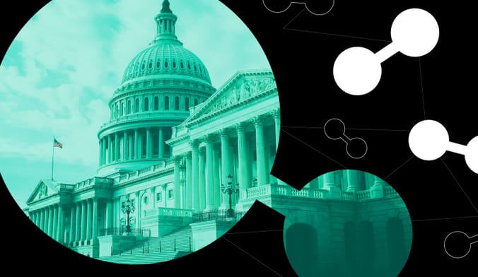 A graphic with several hydrogen molecules. One of them has a green-tinted picture of the U.S. Capitol Building inside it.