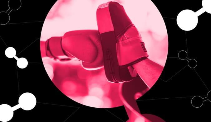 A red-tinted photo of a hand in a boxing glove hitting a hand in a punching mitt, surrounded by white hydrogen molecules.
