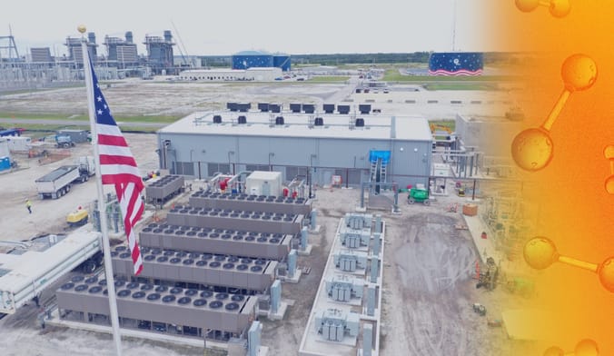 In the foreground is an American flag in front of a large industrial facility. At right is an orange graphic of H2 molecules.