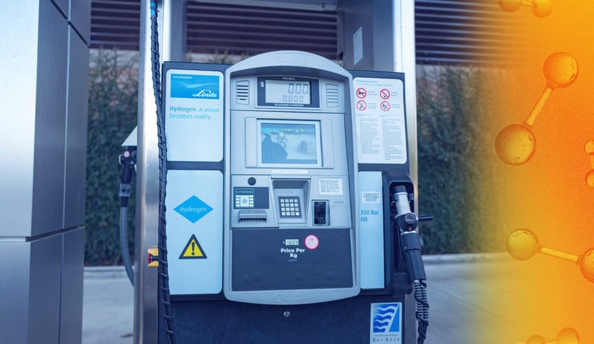 A hydrogen fuel pump station. At right is an orange overlay with hydrogen molecules.