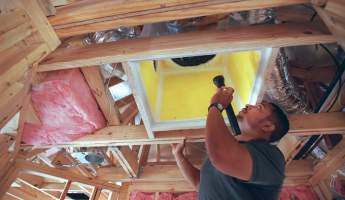 A contractor inspects an air return in the heating an cooling system of house being built by Emerald Homes in Cinco Ranch
