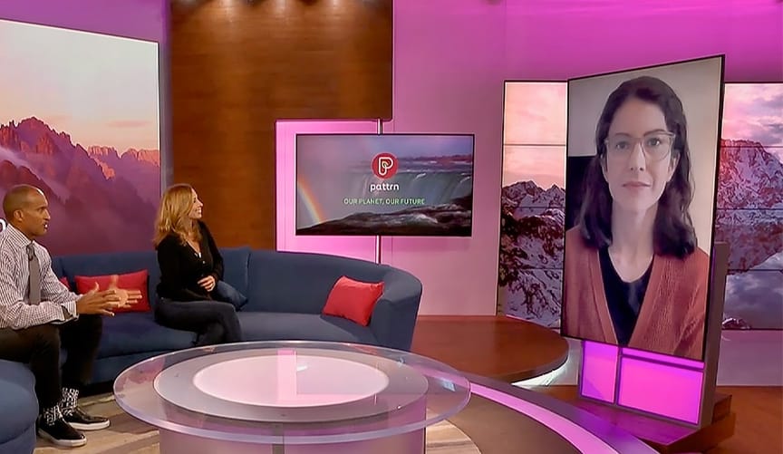Two news anchors sitting on a blue couch speak to a woman on a video screen with shoulder-length brown hair and pale glasses