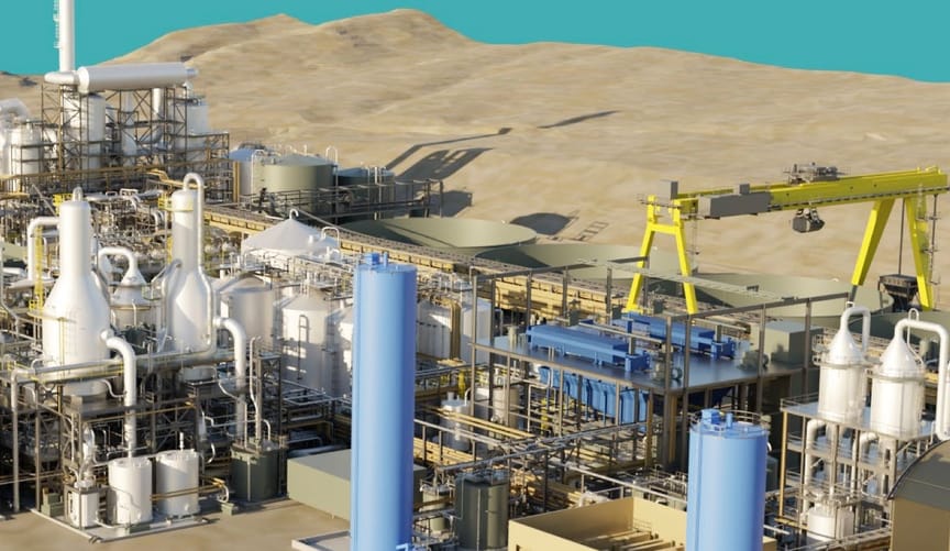 Artist's rendering of a large industrial mining facility in the desert