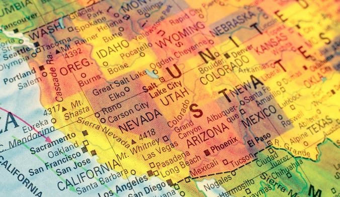 Close-up macro image of map North West America. Selective focus