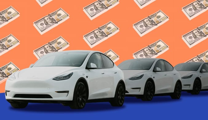 A stylized graphic showing a row of white EVs on a blue surface against orange backdrop patterned with stacks of $100 bills