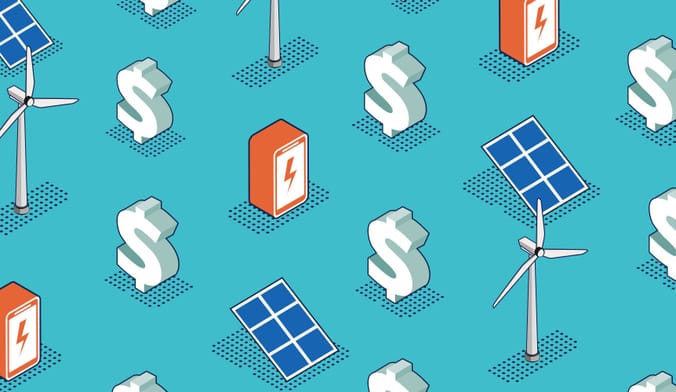 A stylized graphic showing white dollar signs, solar panels, wind turbines,  and grid batteries on a turquoise background