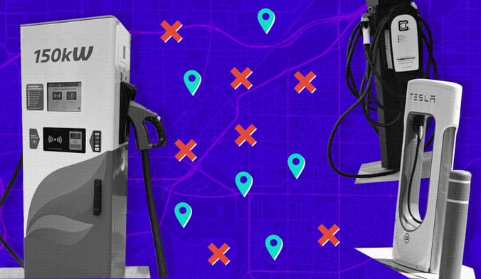 An illustrated graphic with several different models of EV chargers against a blue background.