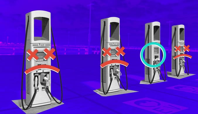 An illustrated graphic of 4 EV chargers against a blue background. 3 are superimposed with a sad face. One has a blue circle.