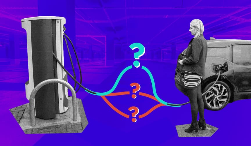 Graphic showing a woman connecting her car to an EV charger. There are 3 question marks between the cord and the charger.