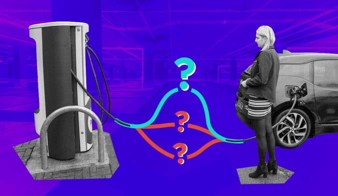 Graphic showing a woman connecting her car to an EV charger. There are 3 question marks between the cord and the charger.