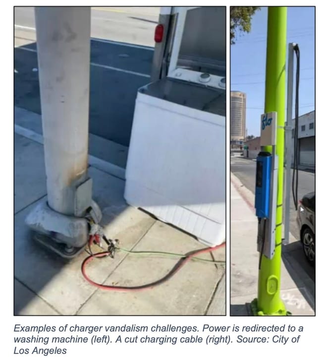 Photos of vandalism and power theft at curbside light pole-mounted EV chargers in Los Angeles