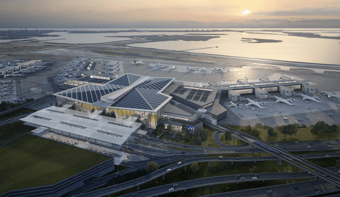 An illustration of a large industrial complex next to a body of water with the sun setting in the background